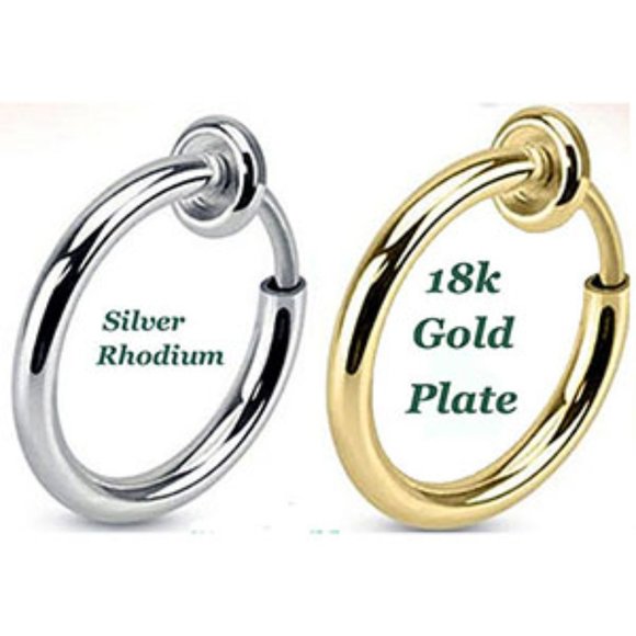 Clip-on Fake Nose-Lip-Ear Body Jewelry-1-925 Silver & 1-18k Gold Plated-Hoops - Picture 2 of 5
